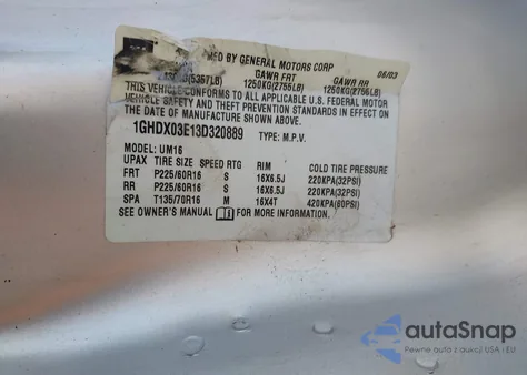 2003 Oldsmobile Silhouette Gls z USA, uszkodzony, nr VIN 1GHDX03E13D320889